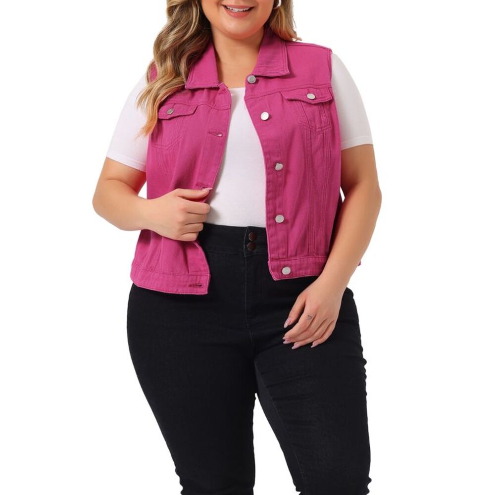 Women Plus Size Buttons Denim Vest with Two Chest Flap Pockets Jackets Hot Pink